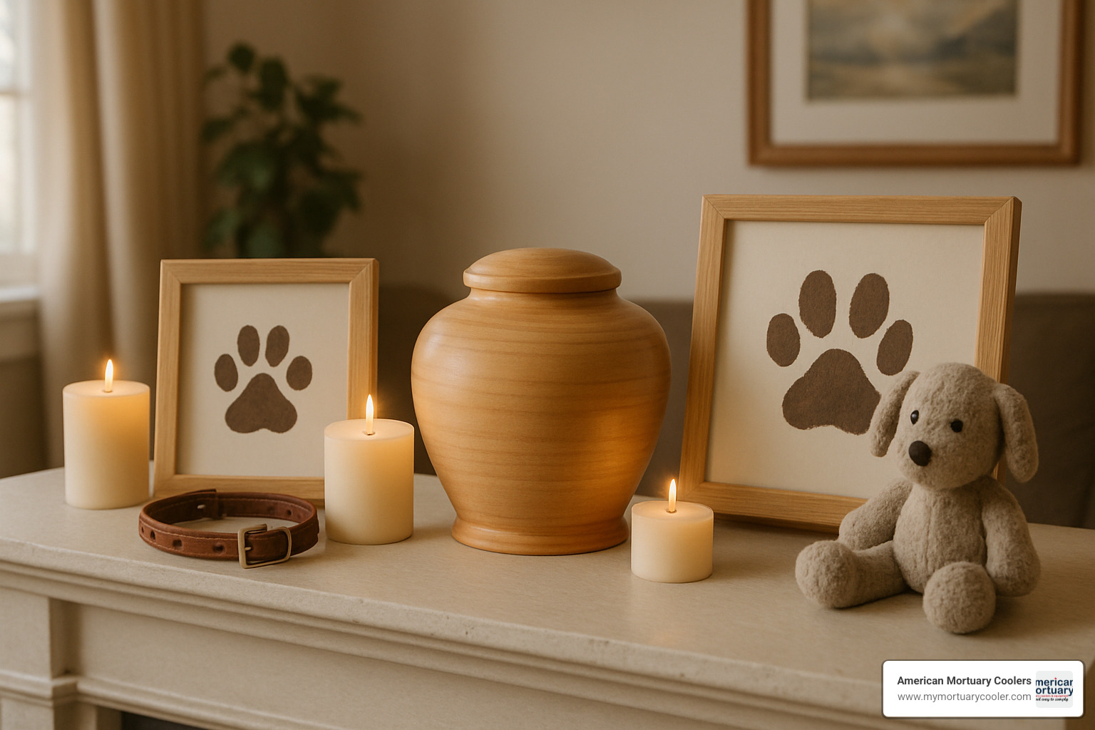 A peaceful home memorial display showing a pet urn on a mantle with framed paw prints, candles, a collar, and favorite toy arranged thoughtfully - pet urns for cremation