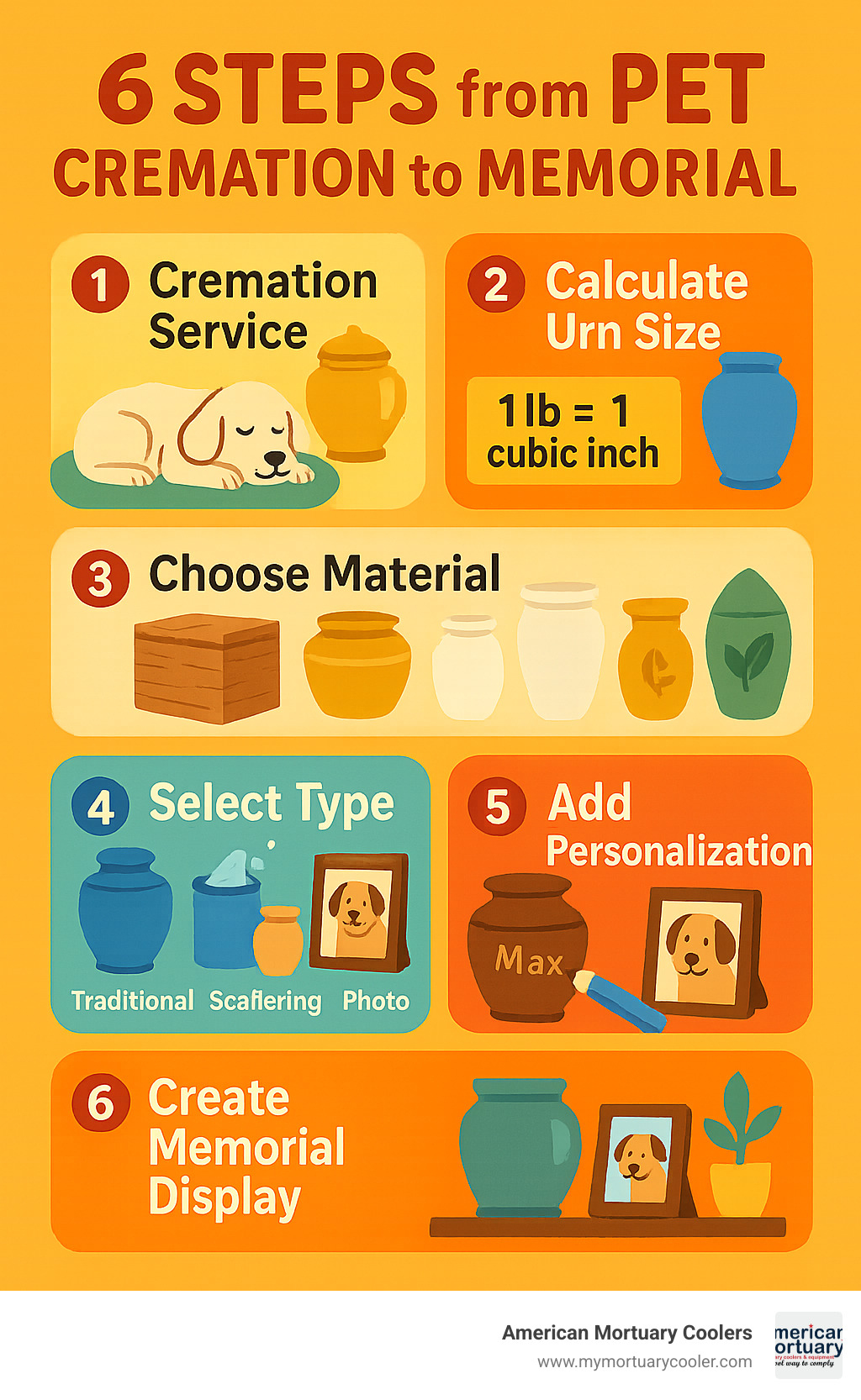 Infographic showing the 6-step process from pet cremation to memorial: 1) Cremation service, 2) Calculate urn size using 1lb=1 cubic inch rule, 3) Choose material (wood, brass, ceramic, biodegradable), 4) Select type (traditional, scattering, keepsake, photo), 5) Add personalization (engraving, photos), 6) Create memorial display at home - pet urns for cremation infographic 