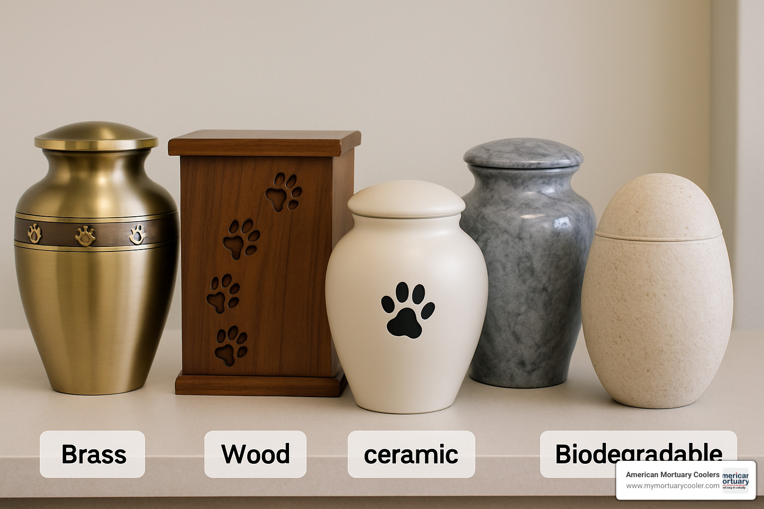 Various pet urn materials displayed side by side including brass, wood, ceramic, marble, and biodegradable options - pet urns for cremation