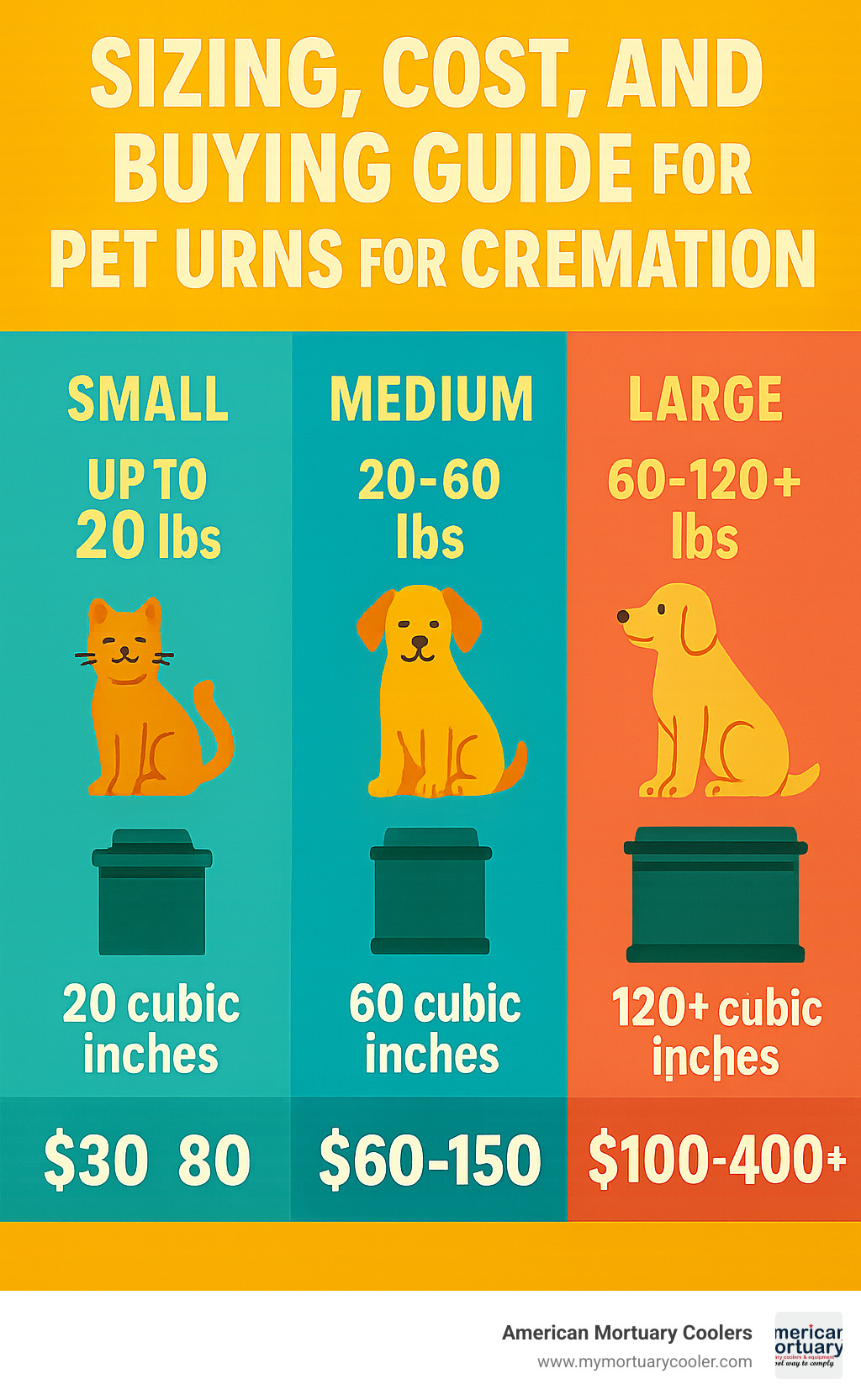 Infographic showing pet weight ranges, required cubic inches, and typical price ranges for small (up to 20 lbs, 20 cubic inches, $30-80), medium (20-60 lbs, 60 cubic inches, $60-150), and large pets (60-120+ lbs, 120+ cubic inches, $100-400+) - pet urns for cremation infographic 