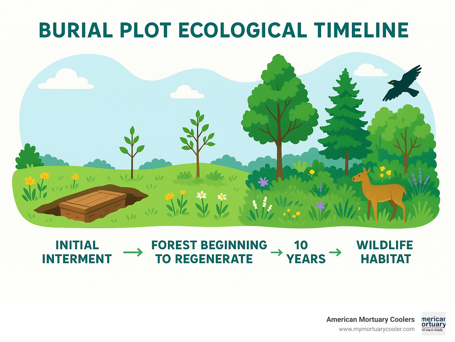 Infographic showing the 10-year ecological timeline of a burial plot, from initial interment through forest succession and wildlife habitat development - green burial Tennessee infographic 