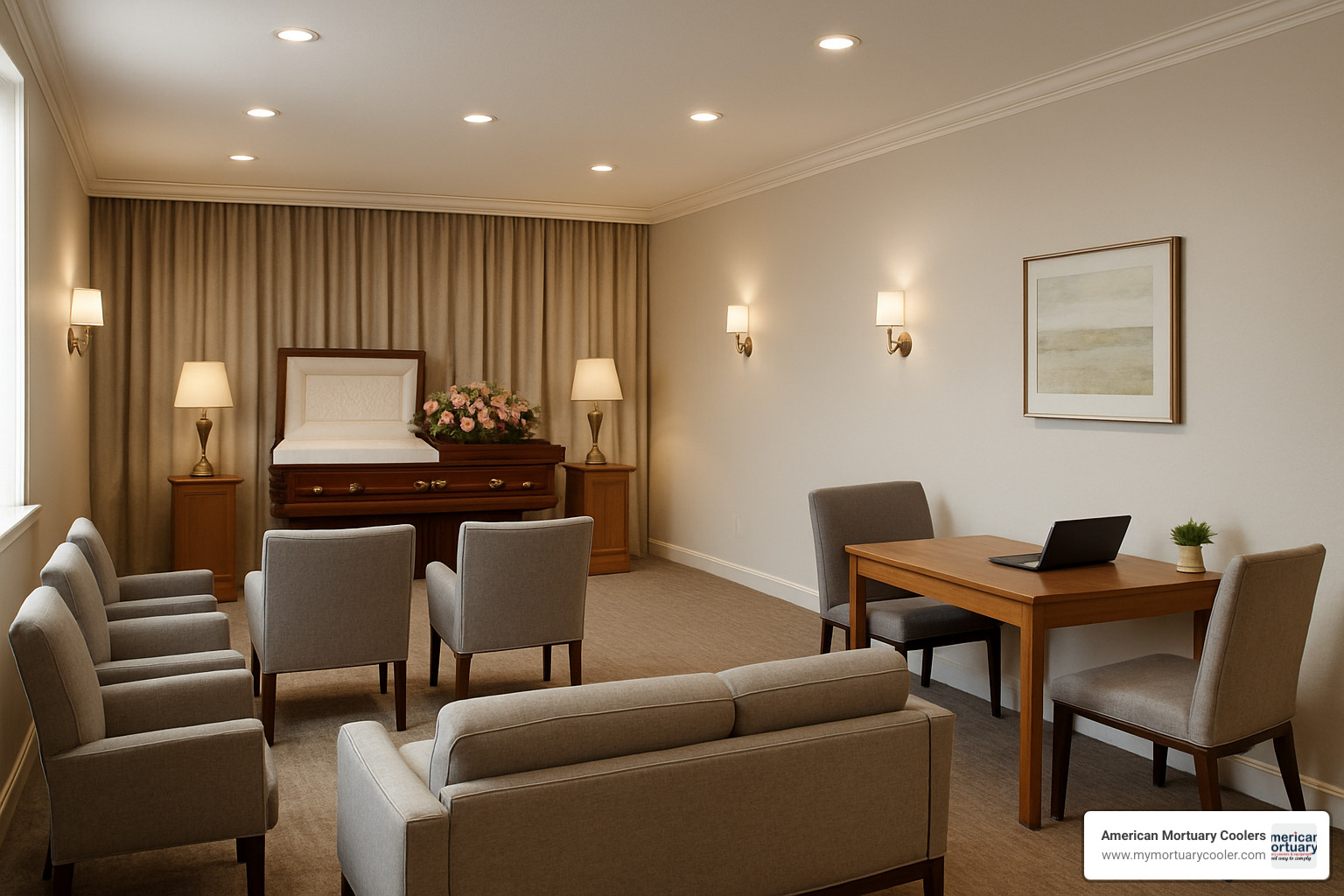 Modern funeral arrangement room with comfortable seating and professional consultation area - mortuary science education