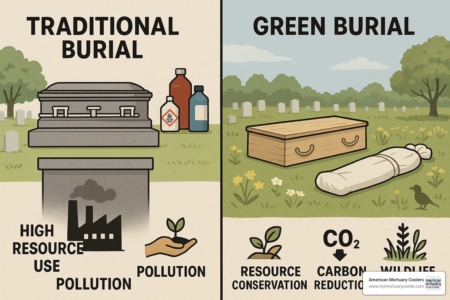 Environmental impact comparison showing traditional burial vs green burial resource consumption - green burial Tennessee