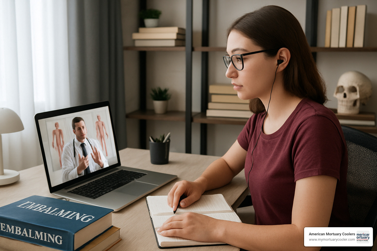 Student participating in online mortuary science lecture from home office setup - mortuary science education