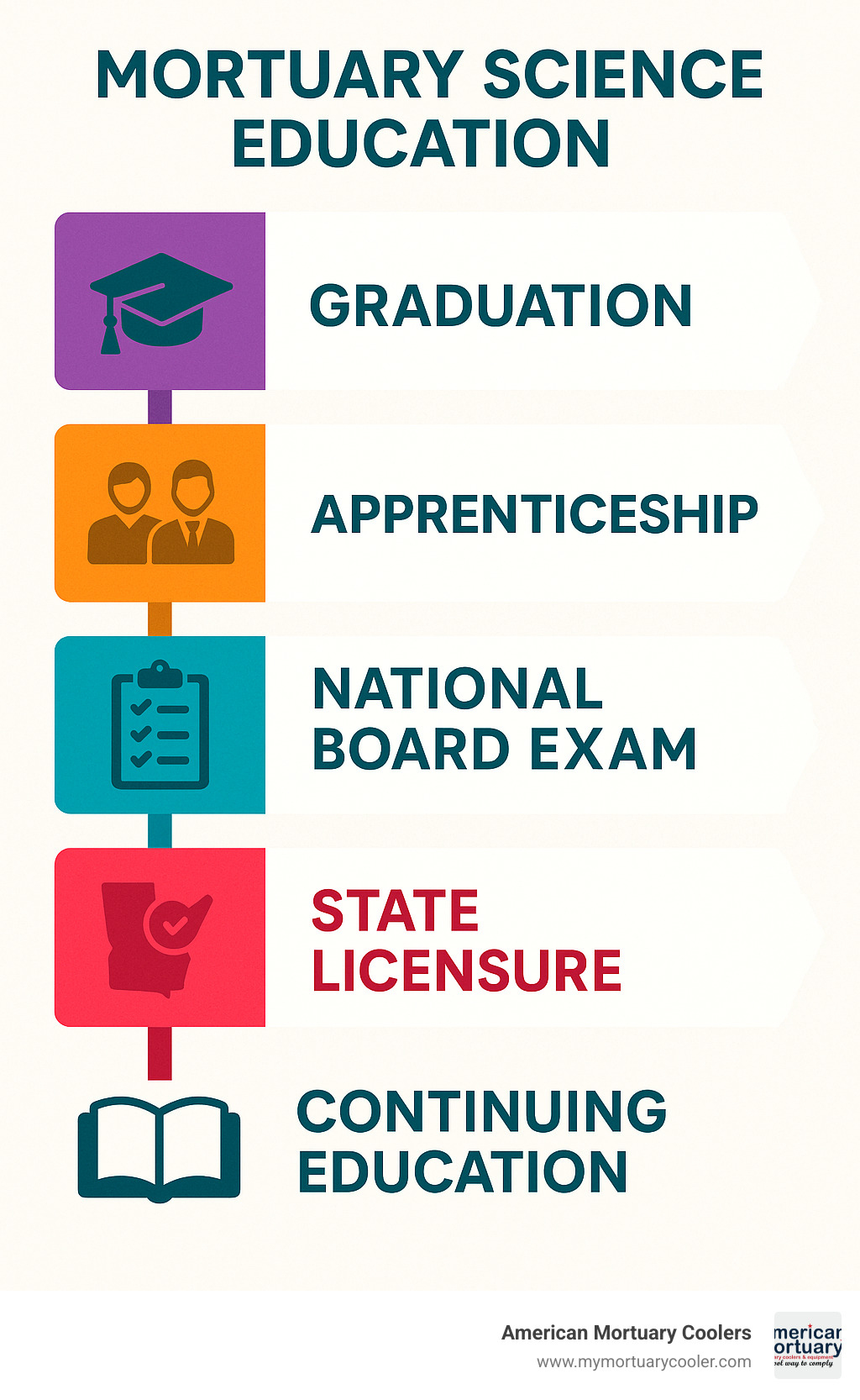 Infographic showing the step-by-step licensing process from graduation through National Board Exam, state licensing, and continuing education requirements - mortuary science education infographic 