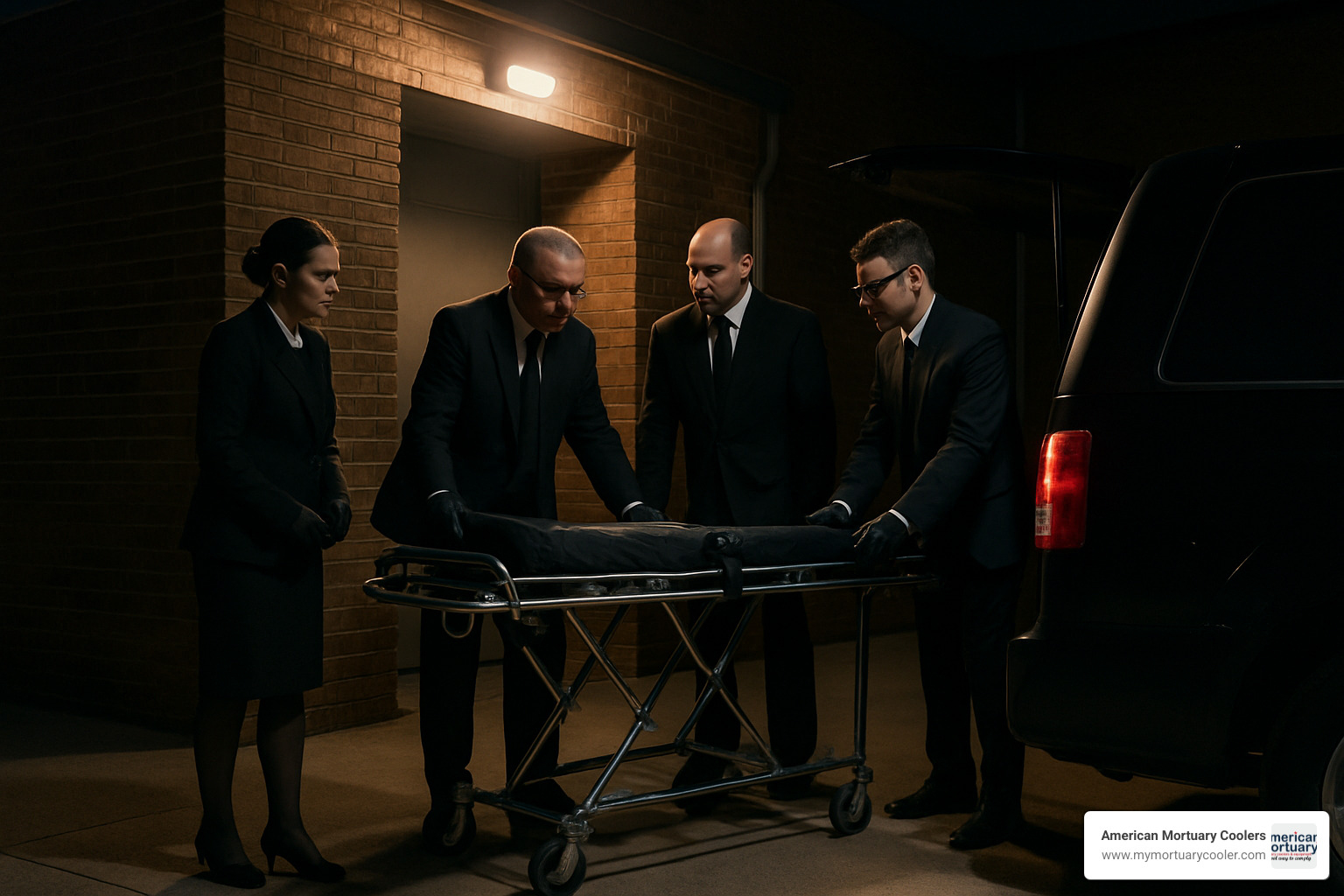 funeral service team responding to night call with professional equipment - mortician assistant salary