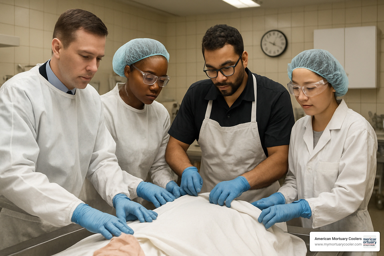 mortician assistant working with team in preparation room - mortician assistant salary