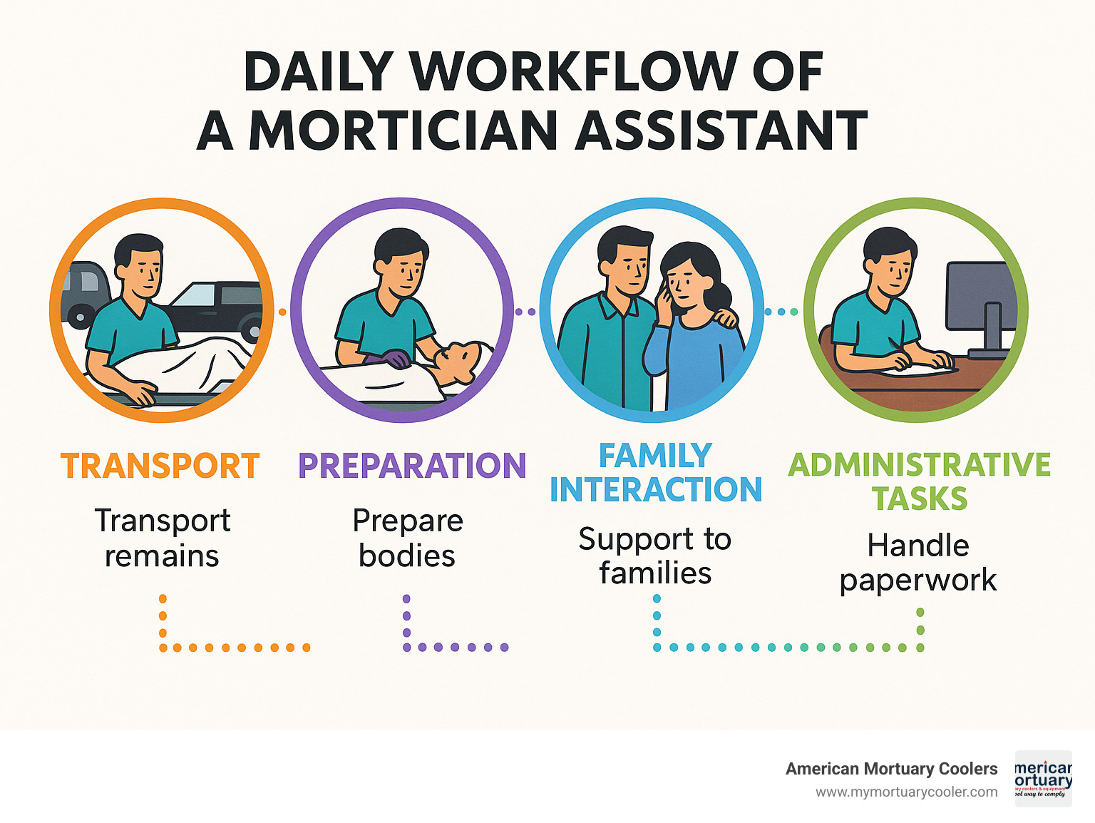 Daily workflow of a mortician assistant showing transport, preparation, family interaction, and administrative tasks - mortician assistant salary infographic 