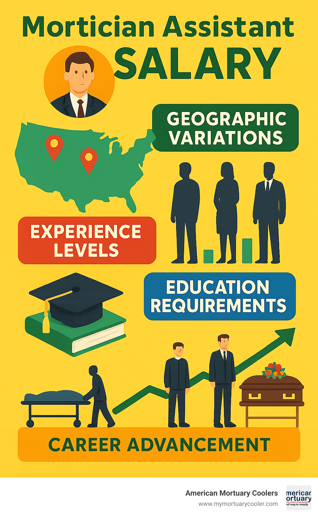 Comprehensive breakdown of mortician assistant salary factors including geographic variations, experience levels, education requirements, and career advancement pathways from entry-level assistant to funeral director - mortician assistant salary infographic 