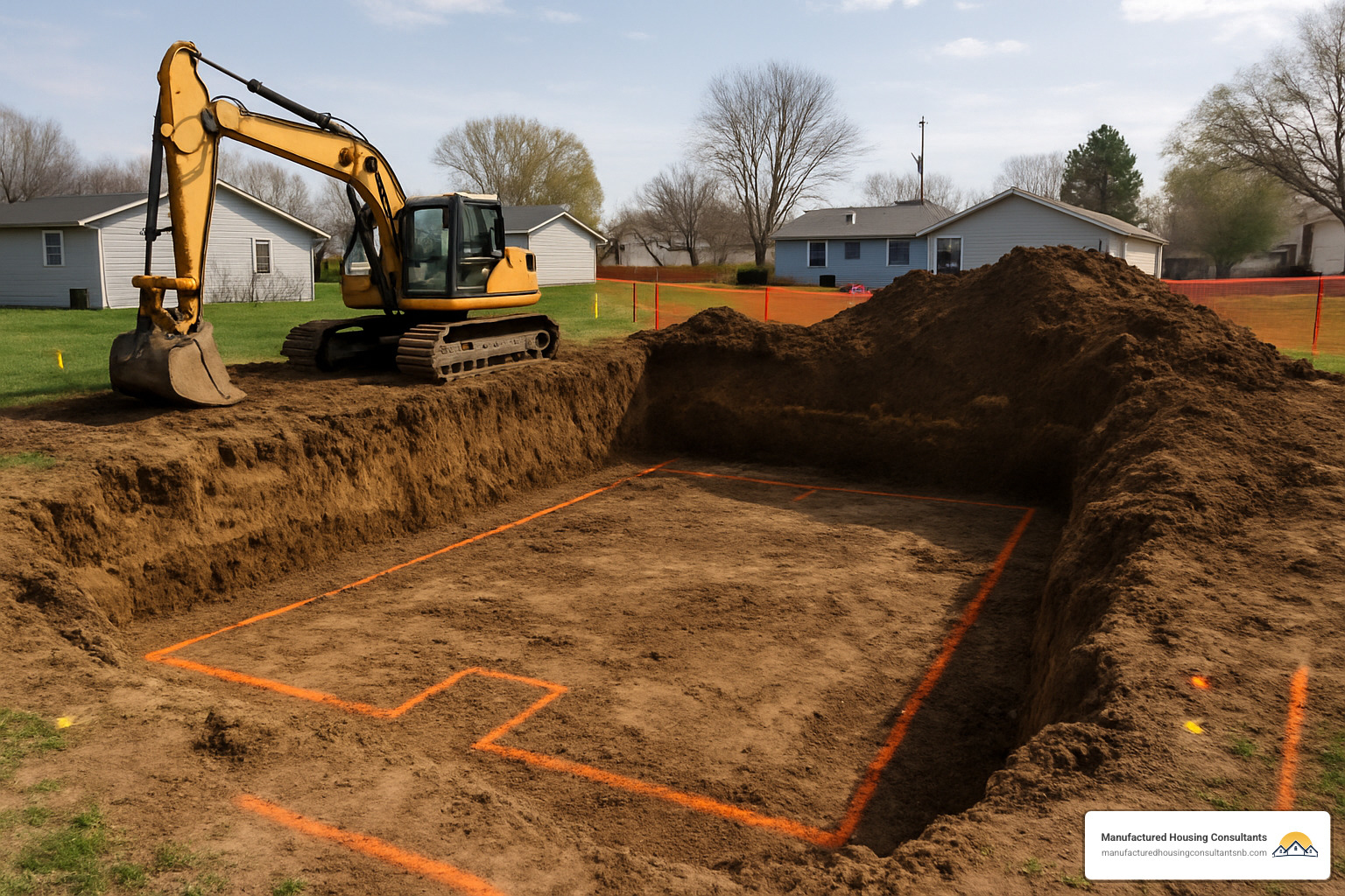 Excavation stage showing basement foundation preparation - basement foundation for mobile home