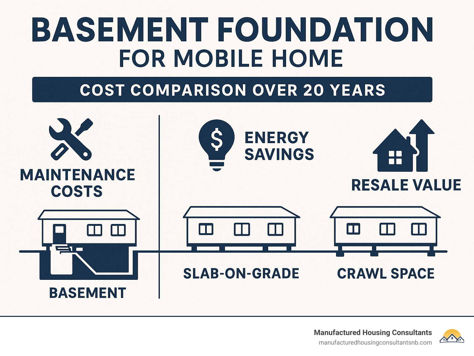 Cost comparison infographic showing long-term value of basement foundations versus other foundation types including maintenance costs, energy savings, and resale value over 20 years - basement foundation for mobile home infographic 
