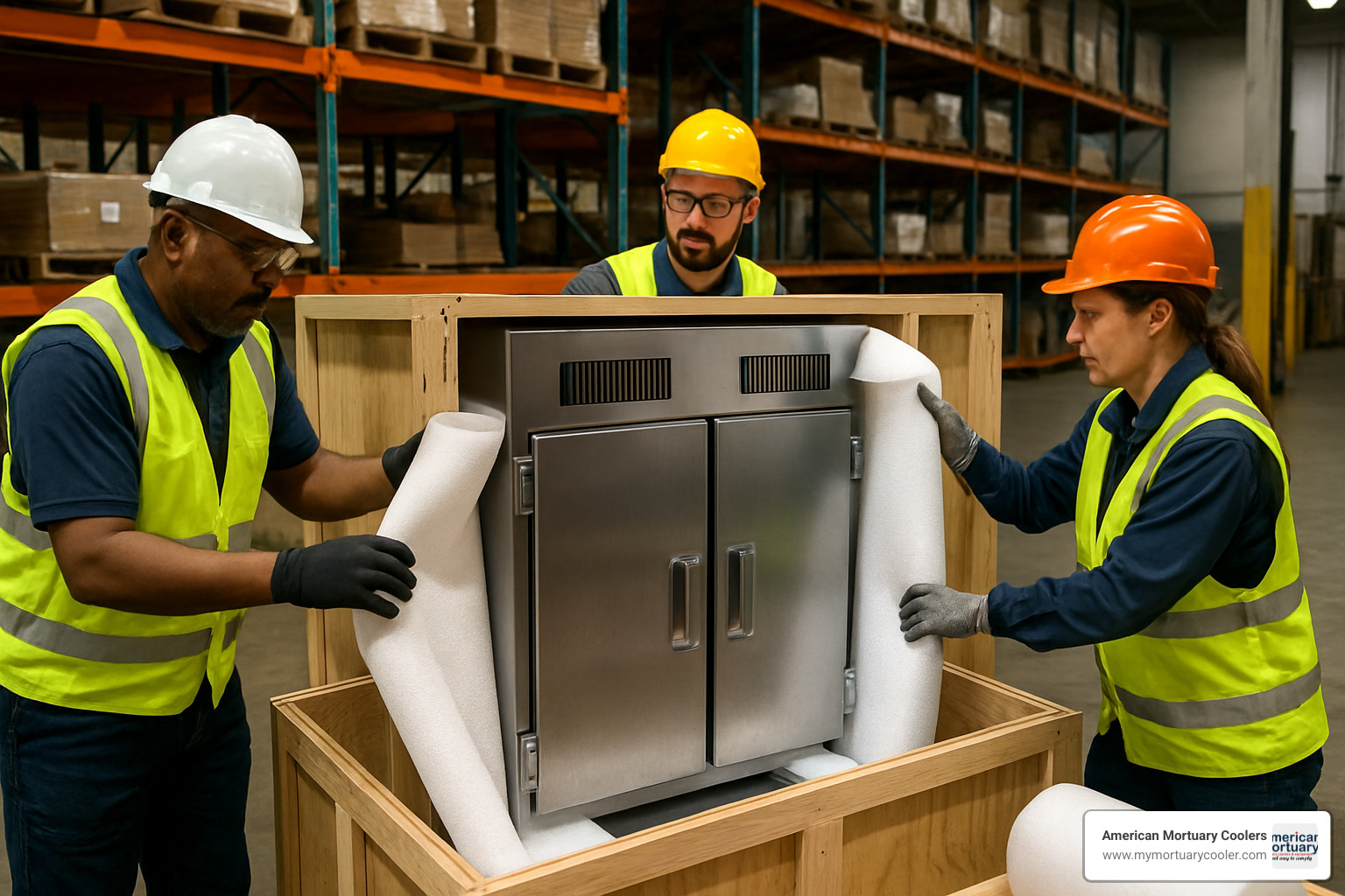 Factory workers carefully crating mortuary cooler components for shipment with protective packaging - www.morguefreezer.com top rated American mortuary coolers 