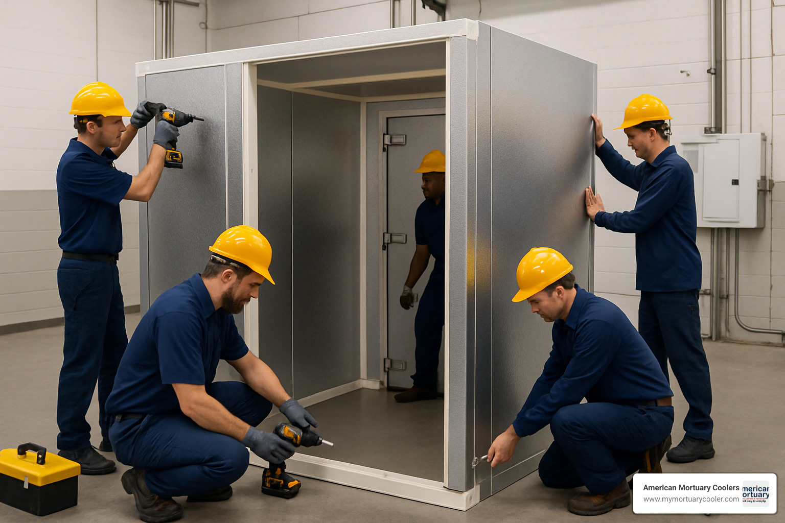 Modular mortuary cooler installation showing technicians assembling prefabricated panels - www.morguefreezer.com top rated American mortuary coolers 