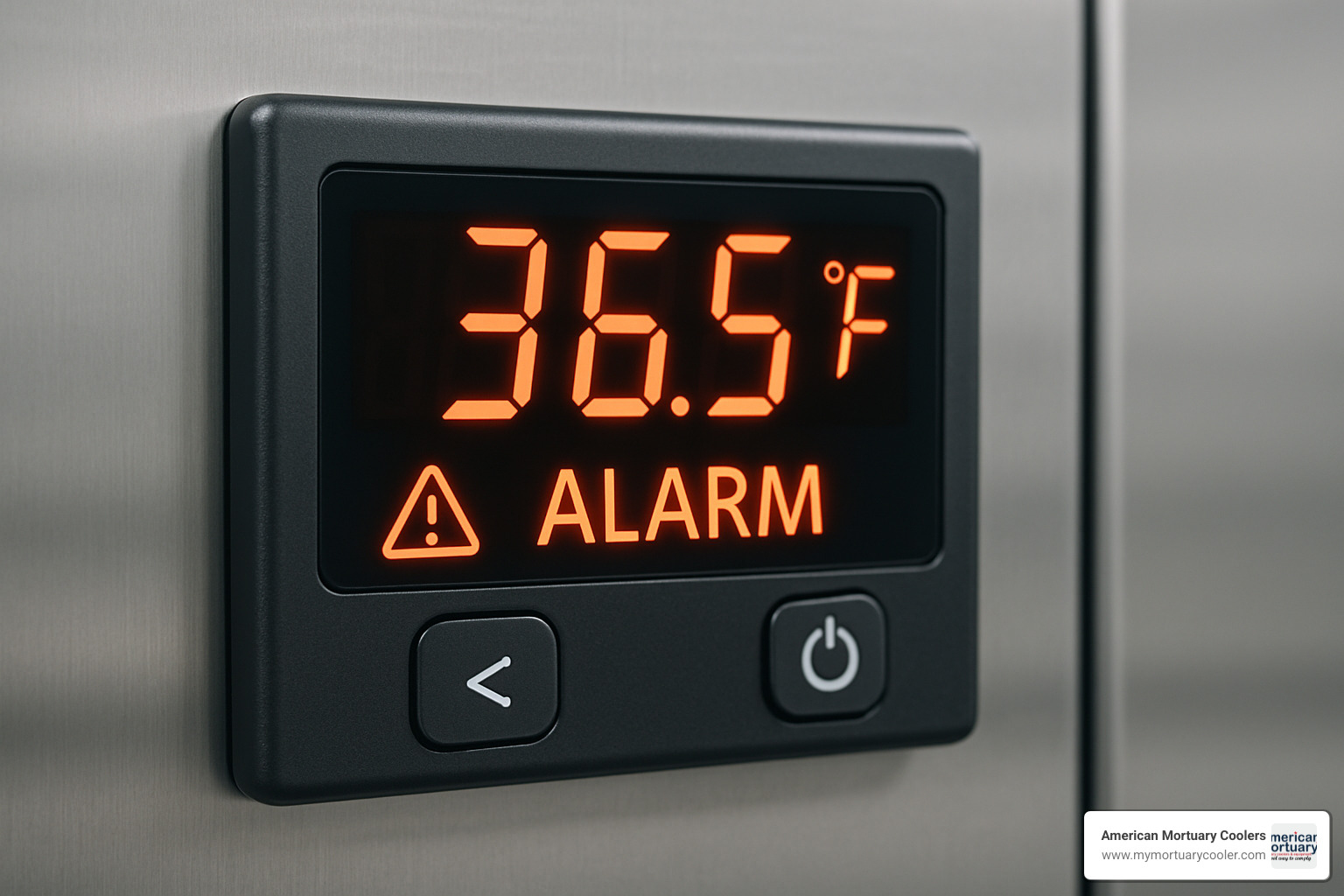 Digital temperature controller display showing precise temperature readings and alarm settings - www.morguefreezer.com top rated American mortuary coolers 