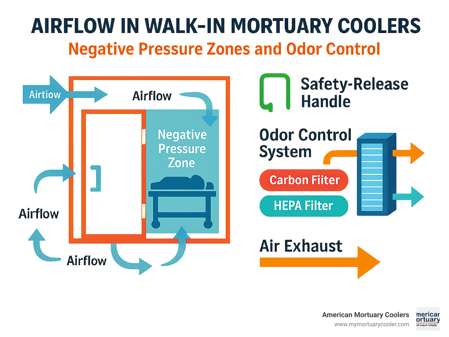 Detailed infographic showing airflow patterns and odor control systems in walk-in mortuary coolers with negative pressure zones and filtration systems - www.morguefreezer.com top rated American mortuary coolers  infographic 