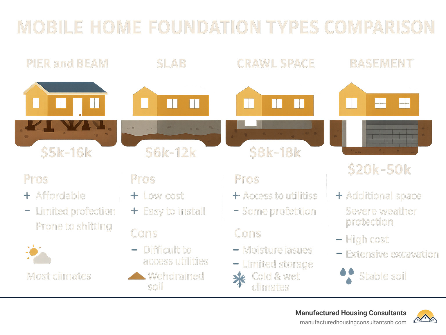Infographic showing mobile home foundation types comparison including pier and beam, slab, crawl space, and basement options with cost ranges, pros and cons, and suitability for different soil conditions and climates - basement foundation for mobile home infographic 