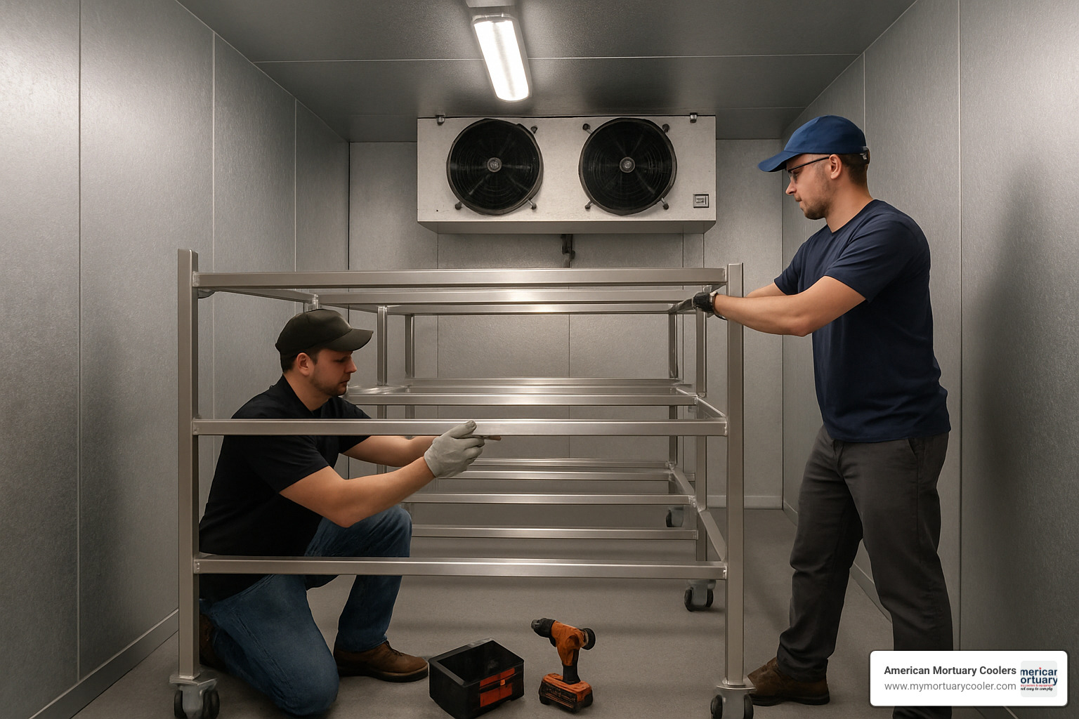 Installation process showing rack assembly in mortuary cooler - 10x20mortuarycooler.com durable top rated mortuary coolers