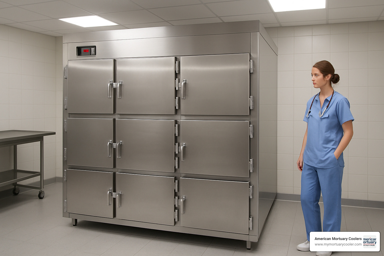 Mortuary cooler installed in hospital morgue setting - 10x20mortuarycooler.com durable top rated mortuary coolers