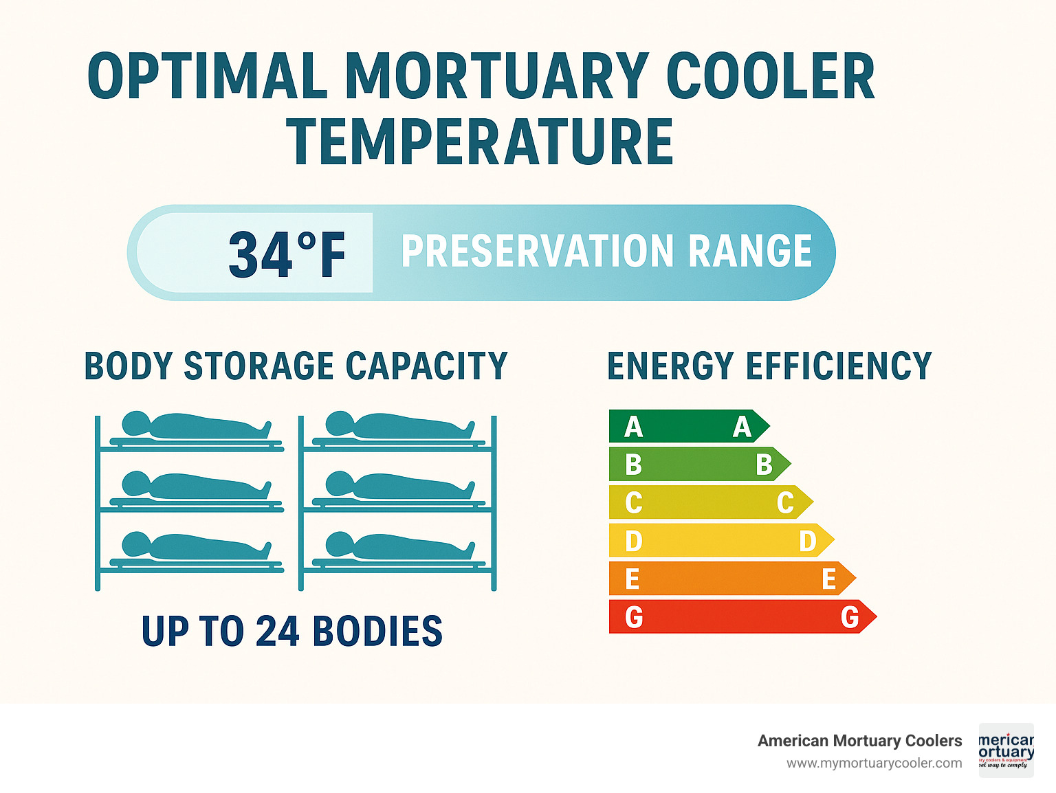 Infographic showing optimal mortuary cooler temperature preservation range of 34-38 degrees Fahrenheit with body storage capacity comparison and energy efficiency ratings - 10x20mortuarycooler.com durable top rated mortuary coolers infographic 