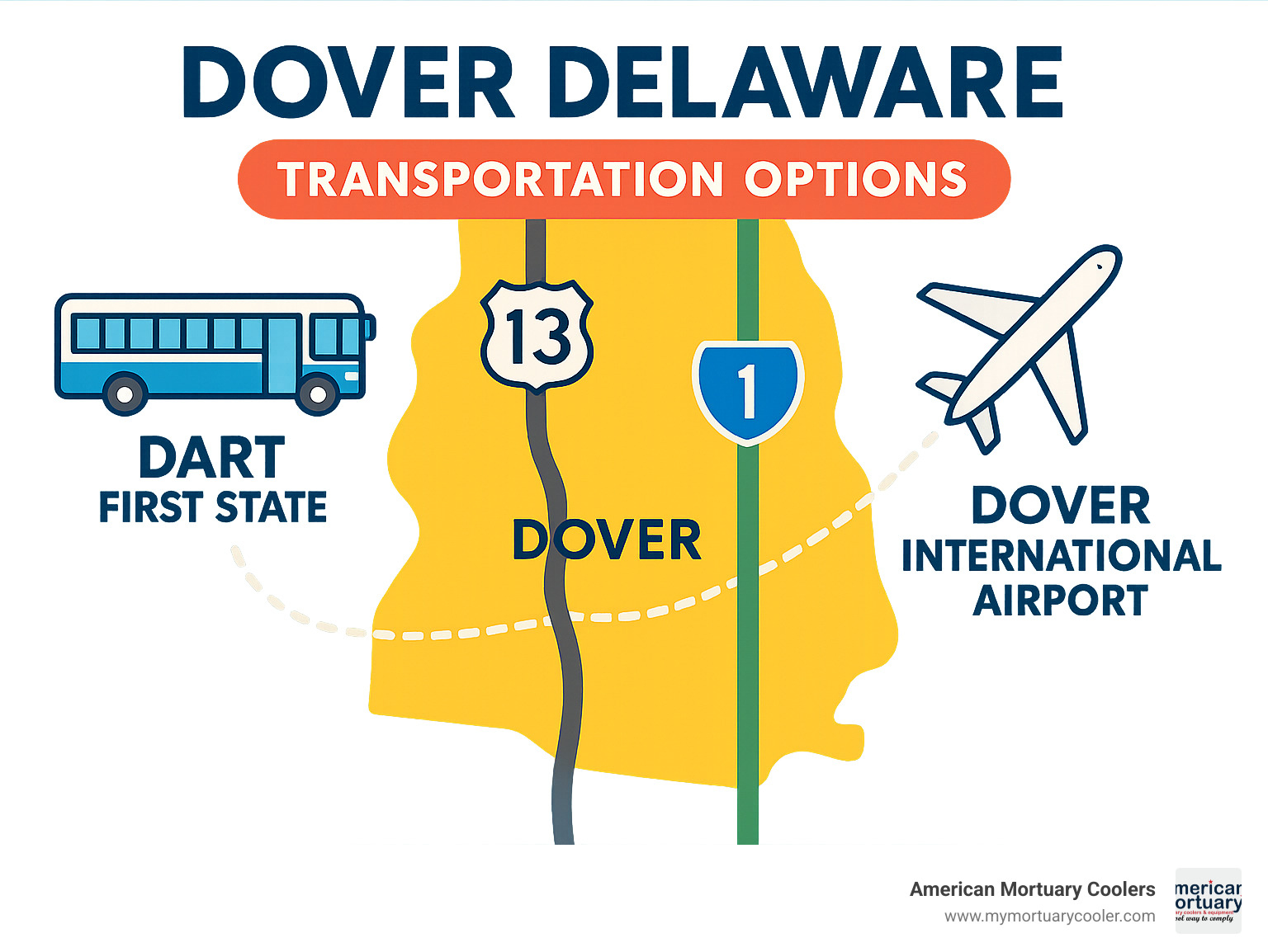 Dover Delaware transportation options showing US Route 13, Delaware Route 1, DART First State buses, and Dover International Airport - Dover Deleware infographic 
