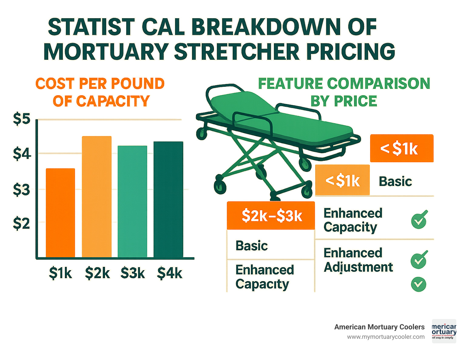 Statistical breakdown of mortuary stretcher pricing by capacity and features, showing cost per pound of capacity and feature comparison across different price points - top rated mortuary stretchers  infographic 