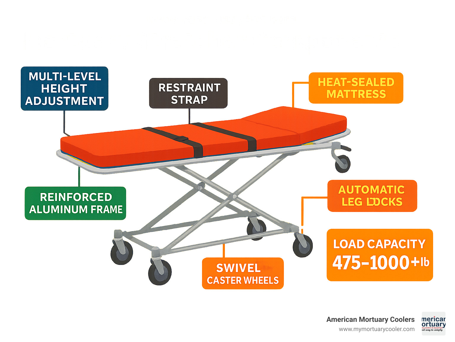 Detailed infographic showing mortuary stretcher components including multi-level height adjustment mechanisms, automatic leg locks, swivel caster wheels, reinforced aluminum frame construction, heat-sealed mattresses, restraint strap systems, and load capacity specifications ranging from 475 to 1000+ pounds - top rated mortuary stretchers  infographic 