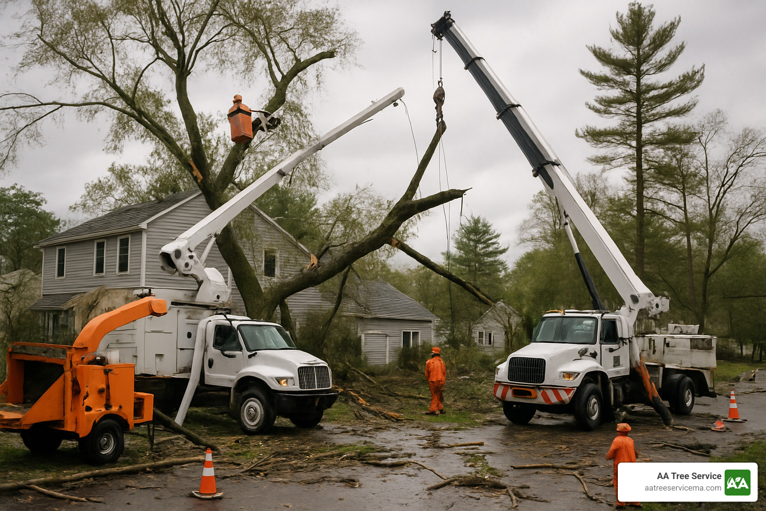 Emergency tree removal equipment including bucket trucks and cranes responding to storm damage - NH Tree Service