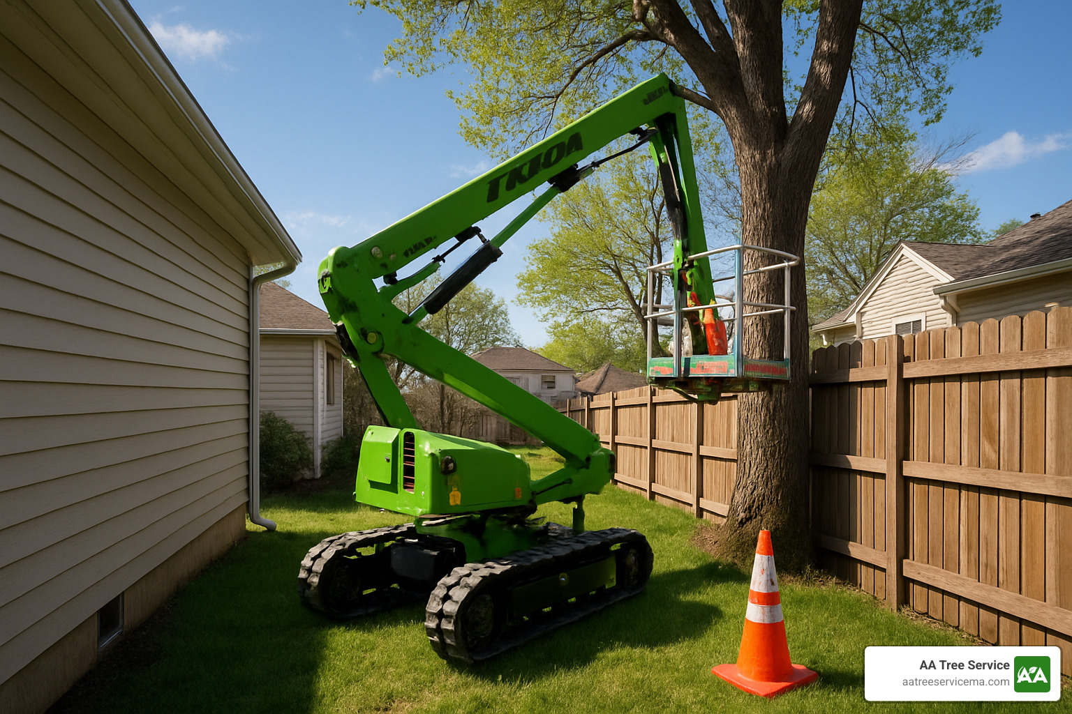 A Nifty Lift carefully navigating a tight backyard space between house and fence to access a tall tree - NH Tree Service