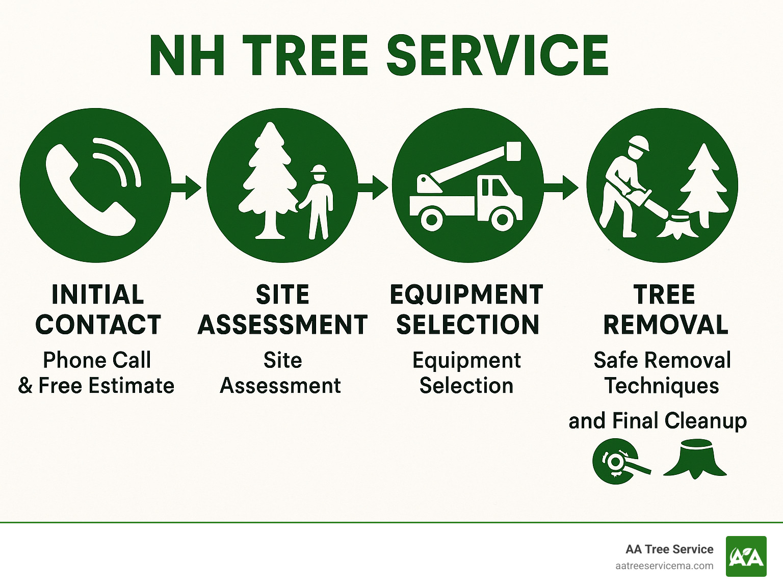 Infographic showing the complete tree service process from initial phone call and free estimate, through site assessment and equipment selection, to safe removal techniques and final cleanup with stump grinding - NH Tree Service infographic