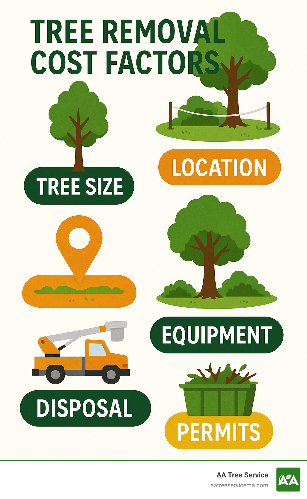 Infographic breaking down tree removal cost factors including tree size, location accessibility, equipment requirements, disposal fees, and permit costs - NH Tree Service infographic