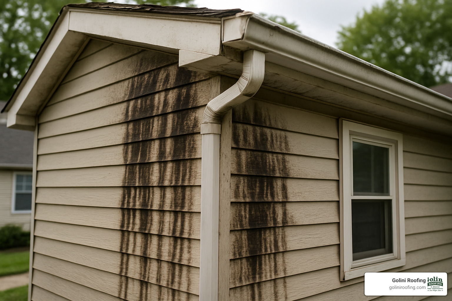 water damage stains on home siding from leaking gutters - gutter repairs ipswich