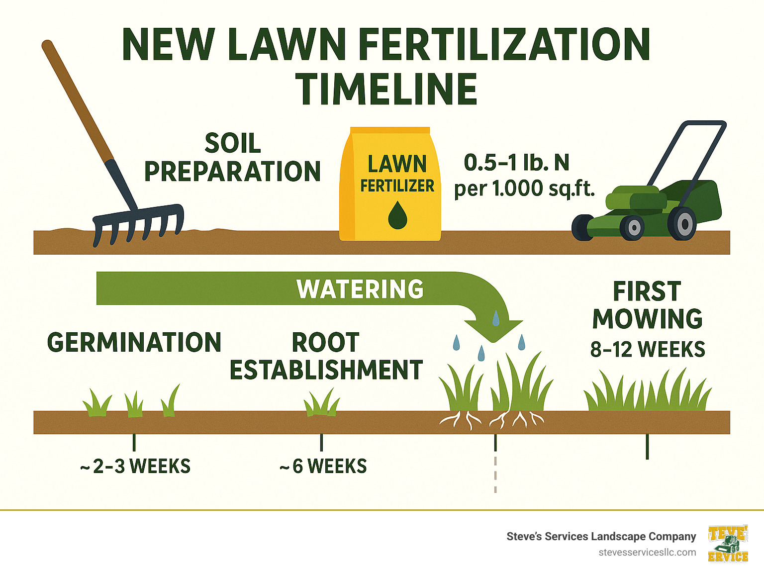 Infographic showing new lawn fertilization timeline from soil preparation through first mowing, including application rates, watering schedules, and key milestones for seed germination and root establishment over 8-12 weeks - lawn feed for new lawn infographic Infographic showing new lawn fertilization timeline from soil preparation through first mowing, including application rates, watering schedules, and key milestones for seed germination and root establishment over 8-12 weeks - lawn feed for new lawn infographic
