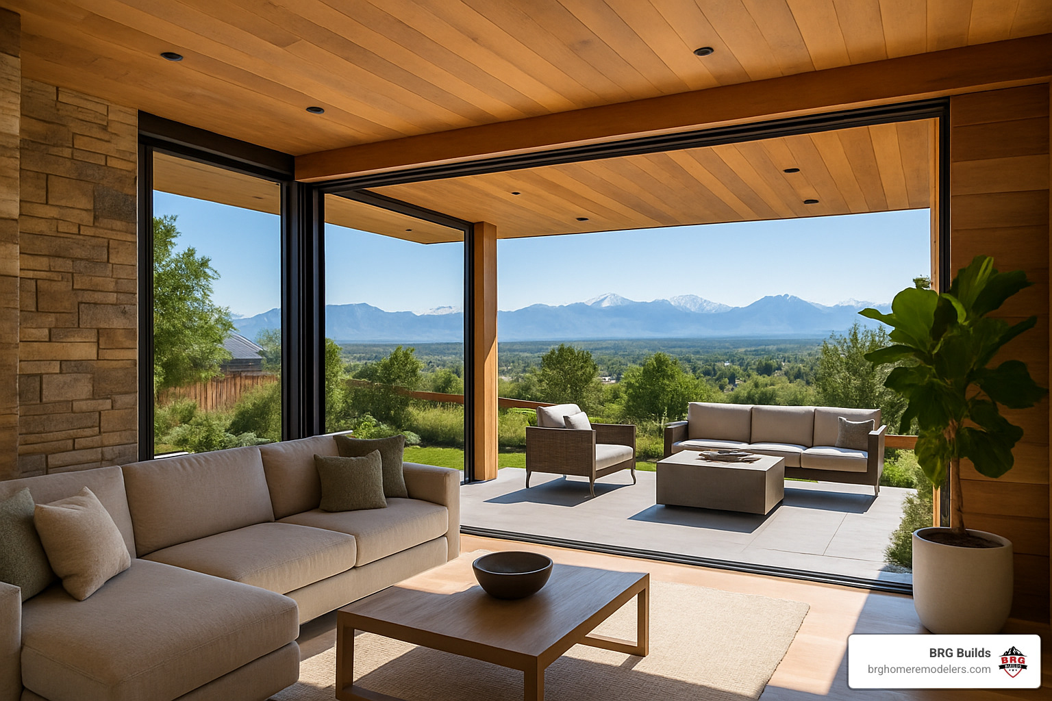 Indoor-outdoor living space with retractable glass walls, natural materials, and mountain views - home remodeling denver