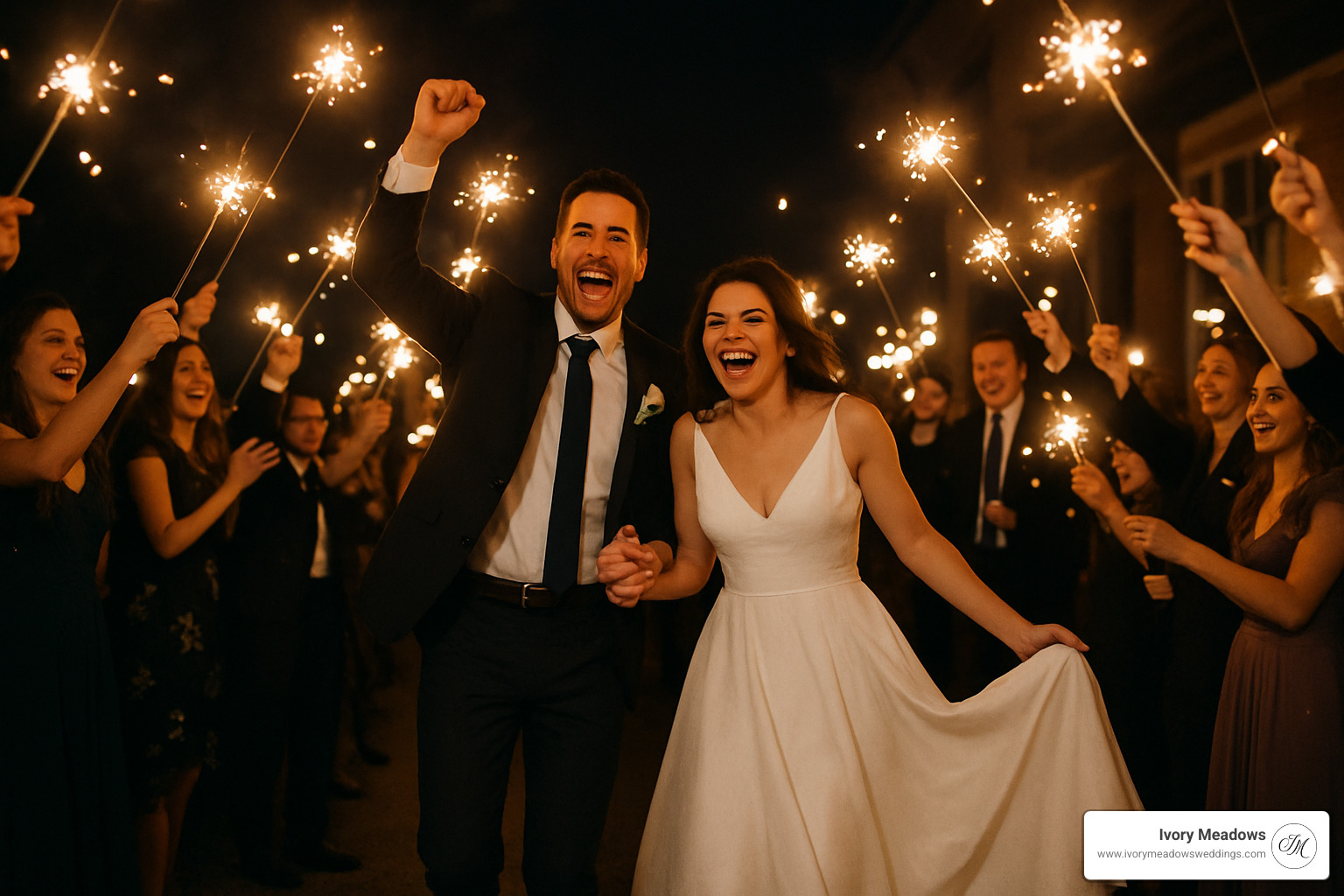 joyful wedding couple exit with sparklers and celebrating guests - all inclusive wedding venues ohio