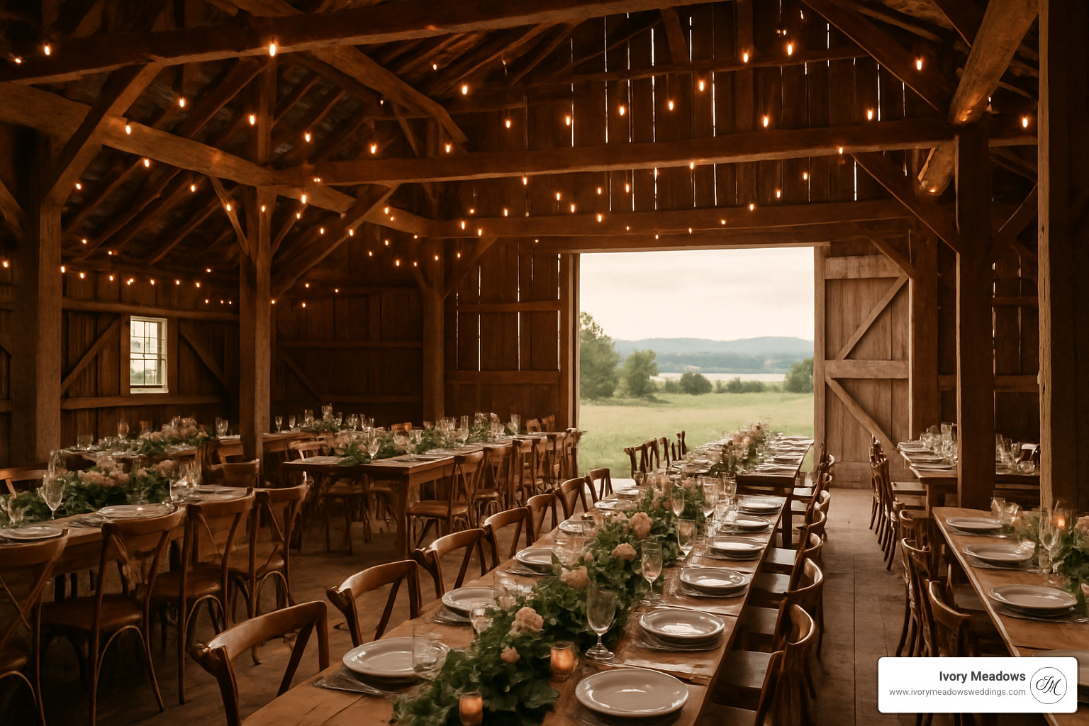 rustic barn wedding reception with string lights, wooden tables, and countryside views - all inclusive wedding venues ohio