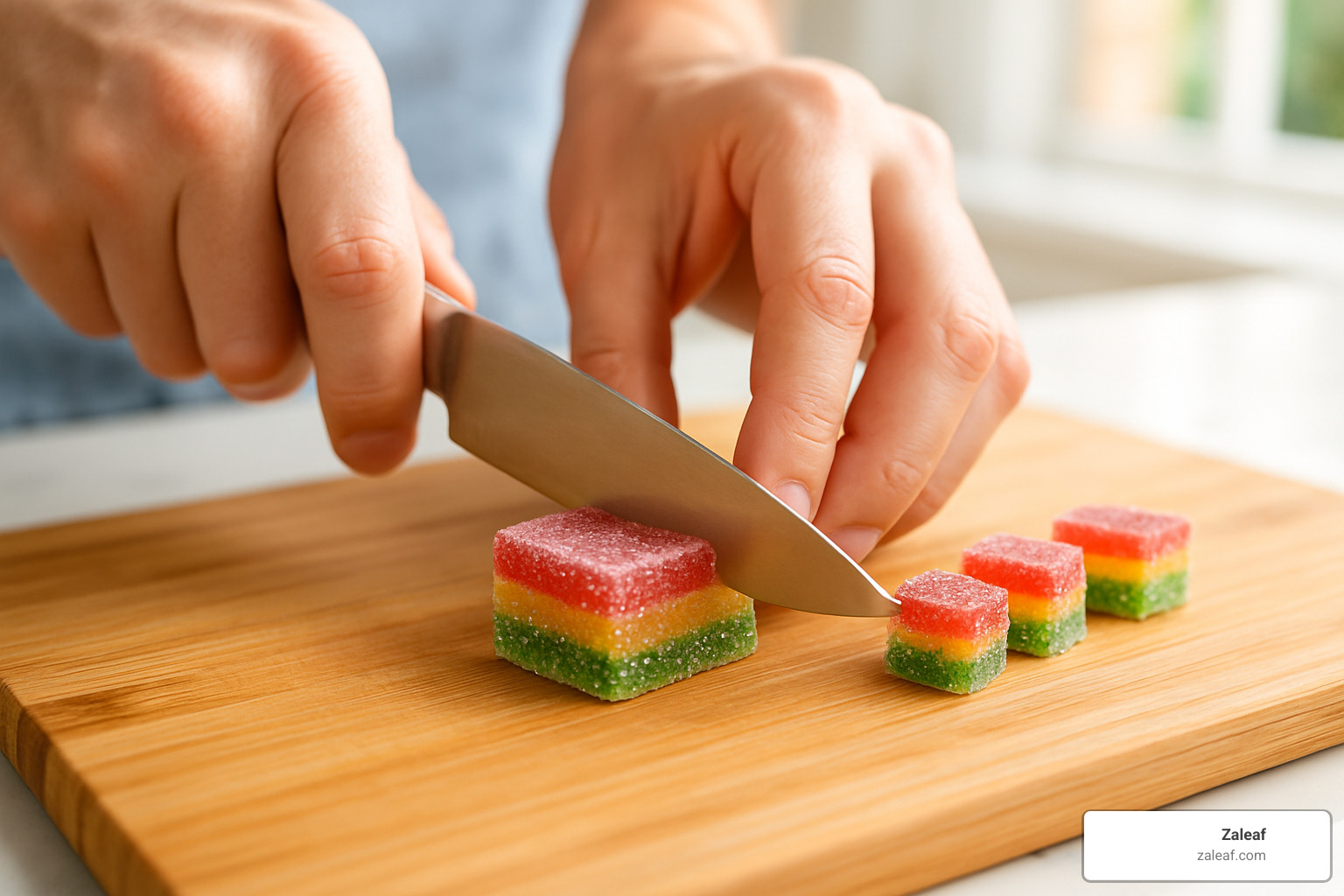 Hands carefully slicing a THC gummy into smaller pieces with a sharp knife on a cutting board - THC gummies dosage