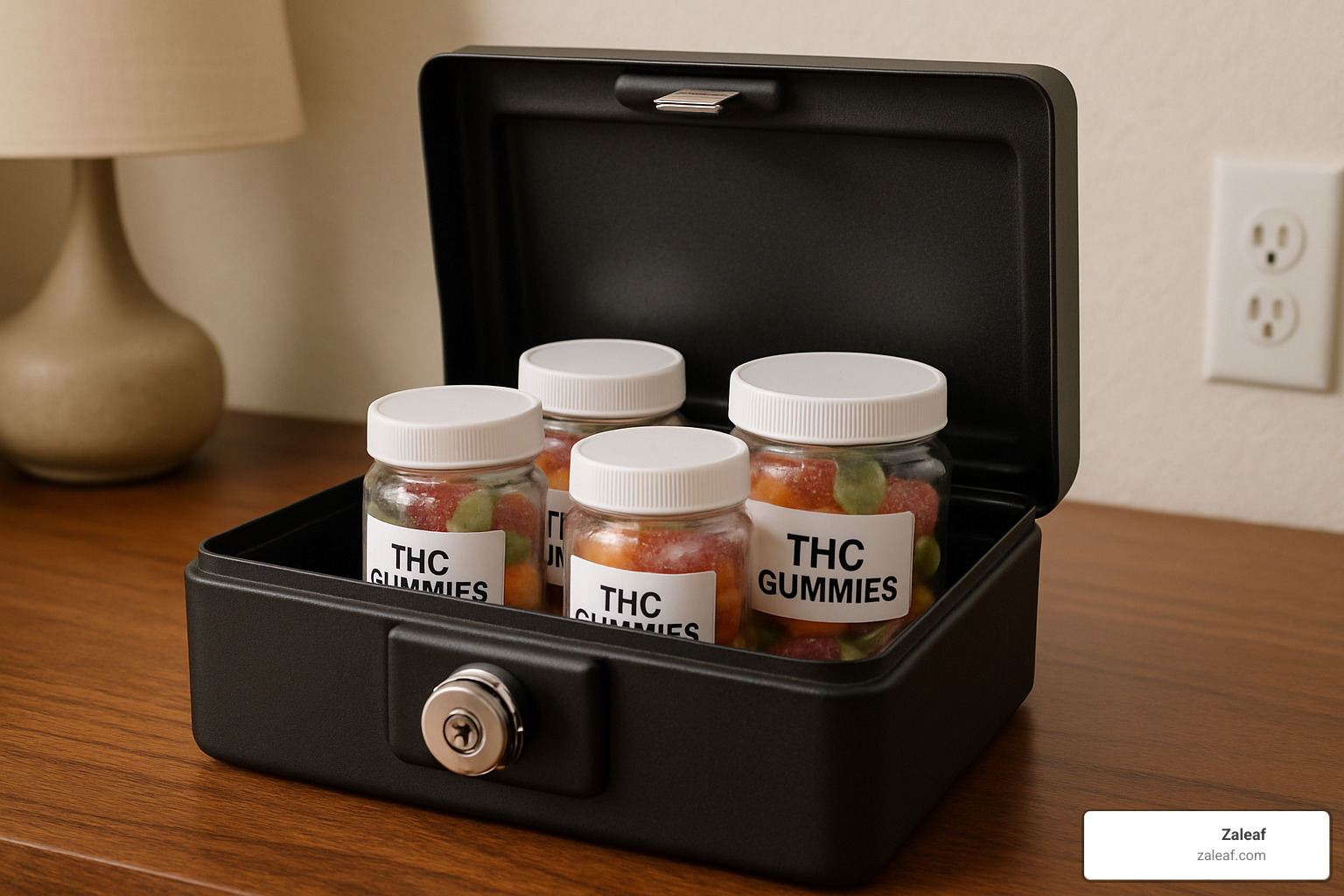 Secure lockbox with clearly labeled THC gummies containers, showing proper storage setup - THC gummies dosage