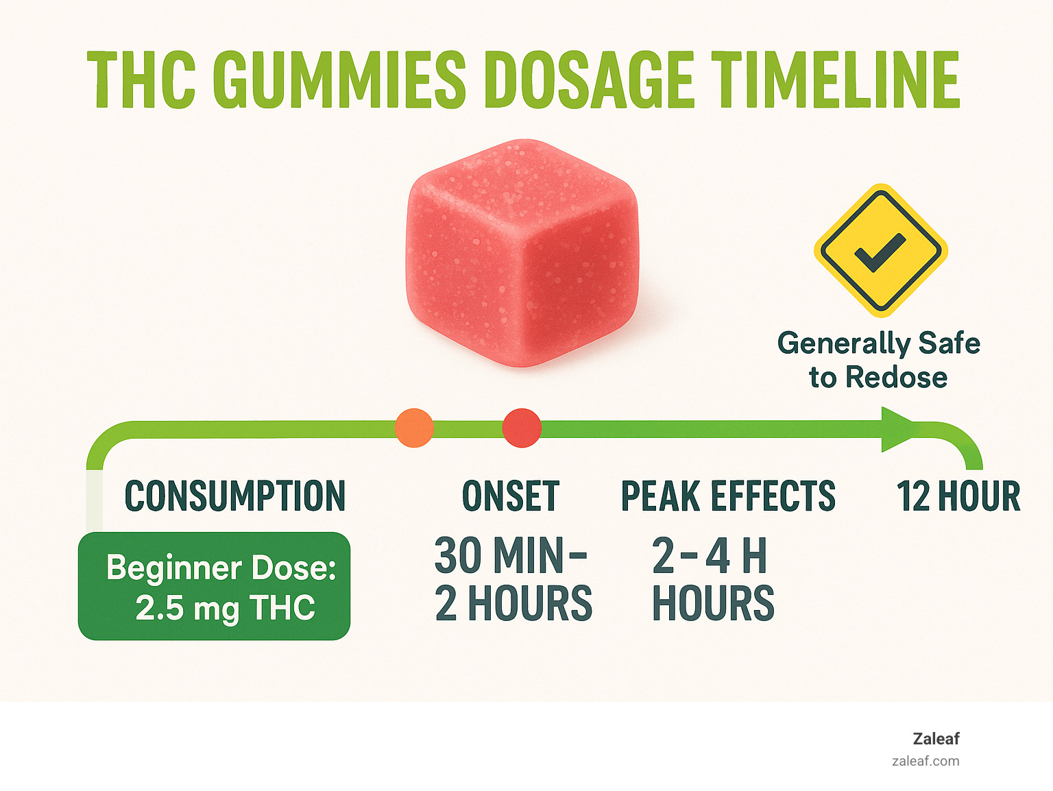 Detailed infographic showing THC gummies dosage timeline from consumption through 12-hour duration, including onset phases, peak effects, and safety milestones with dosage recommendations for beginners - THC gummies dosage infographic 