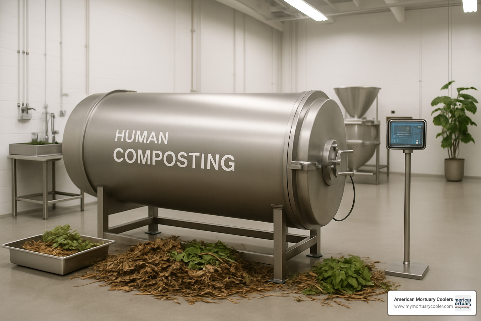 Modern human composting vessel in a clean, respectful facility setting with organic materials and monitoring equipment - earth funeral