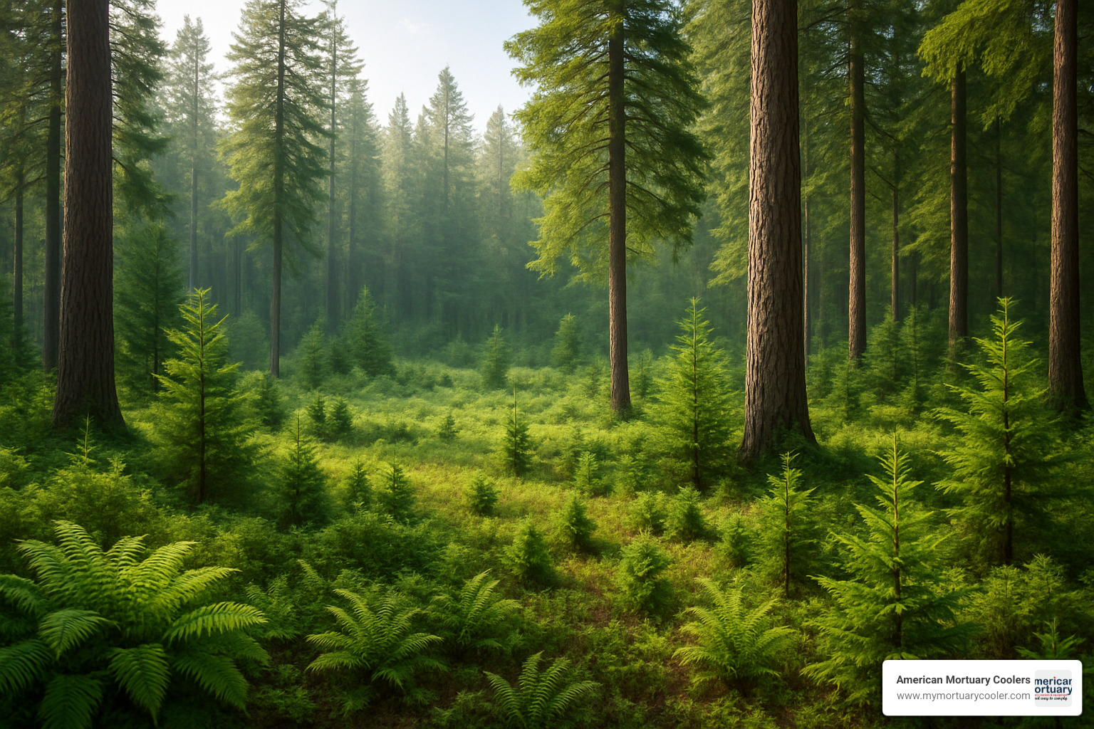 peaceful forest scene with native trees and restored landscape representing the conservation impact of earth funeral soil donations - earth funeral