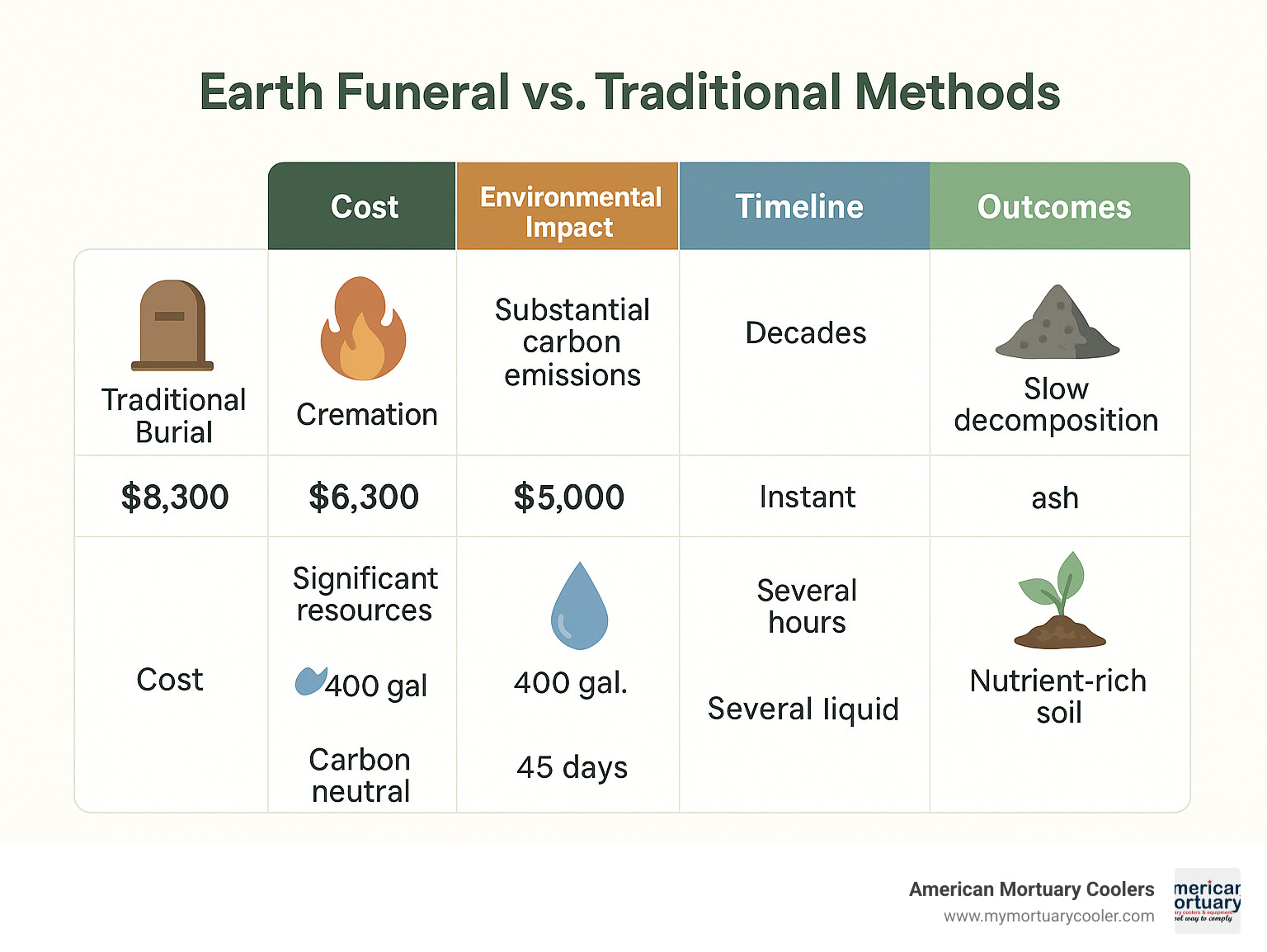 Comprehensive comparison table showing costs, environmental impact, timeline, and outcomes for traditional burial, cremation, aquamation, and earth funeral options - earth funeral infographic 