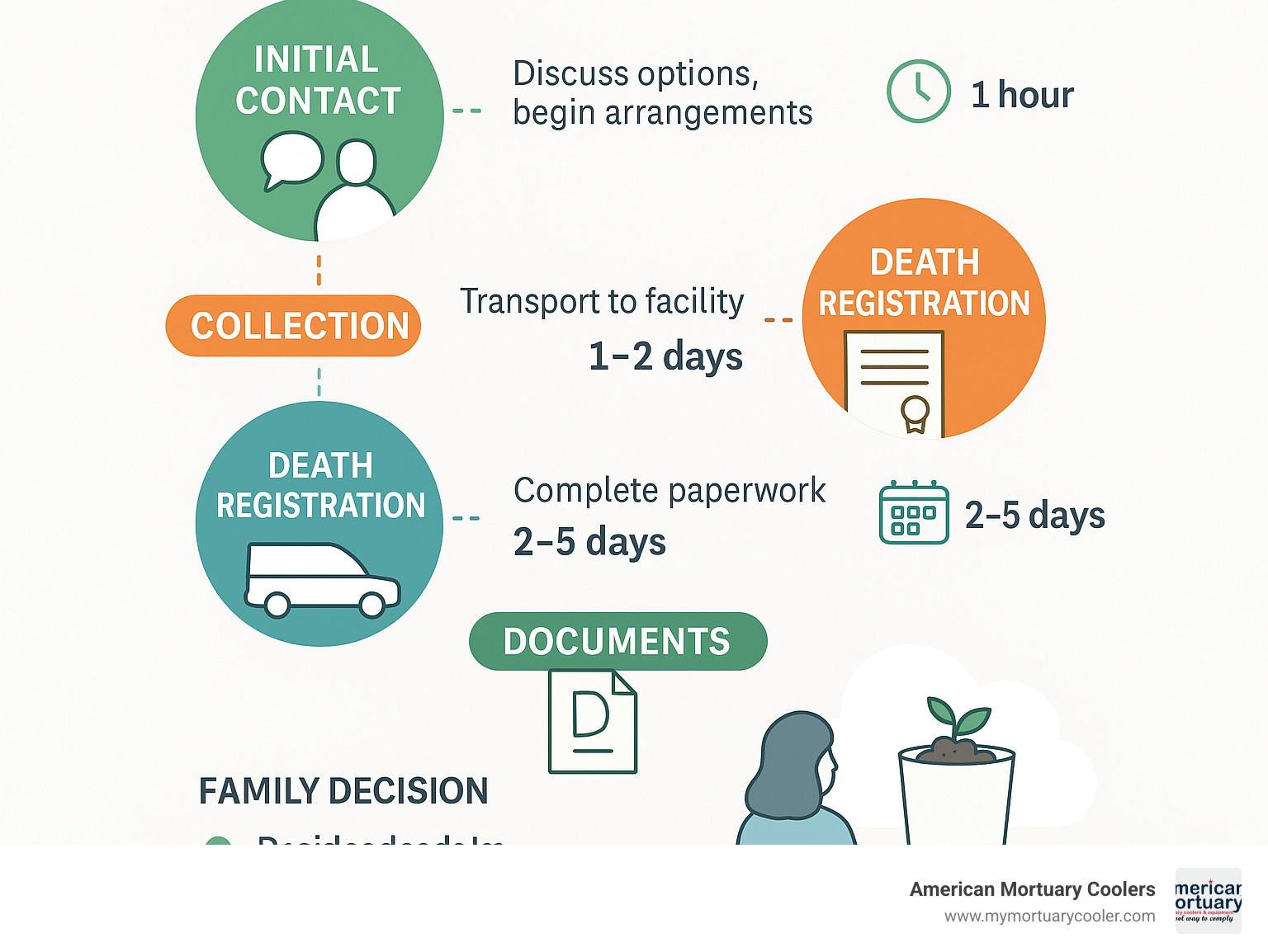 Step-by-step infographic showing the complete earth funeral arrangement process from initial contact through soil return, including timeline, required documents, and family decision points - earth funeral infographic 