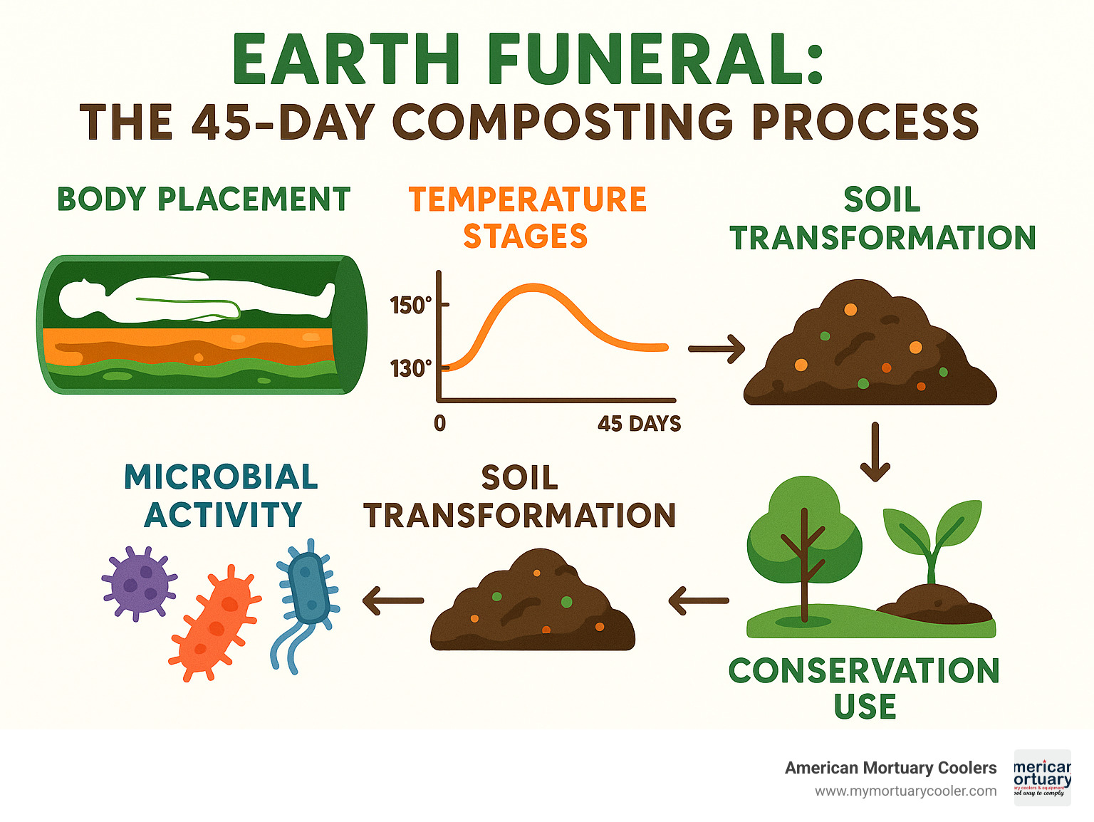 Detailed infographic showing the 45-day earth funeral composting process from body placement through soil change, including temperature stages, microbial activity phases, and final soil output with conservation uses - earth funeral infographic 