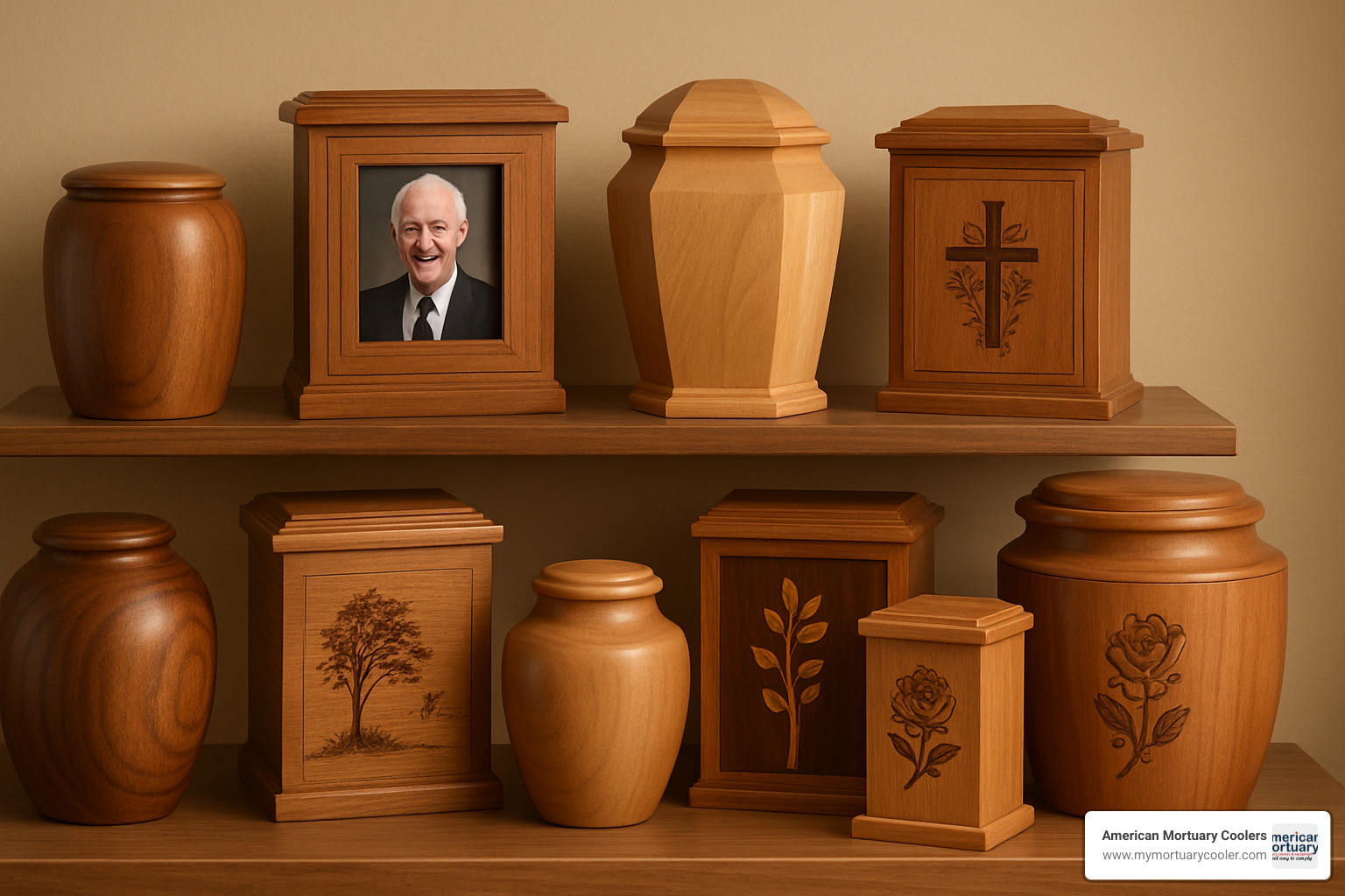 Assorted wooden urns displaying various wood types, sizes, and craftsmanship styles - wooden urns