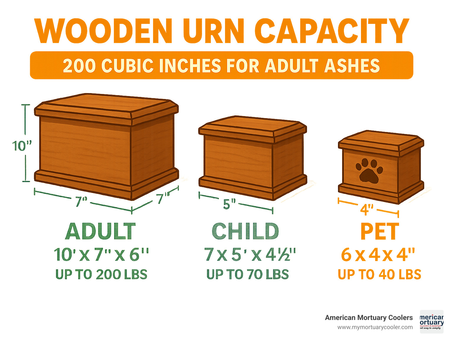 Infographic showing standard wooden urn capacity of 200 cubic inches for adult ashes, with visual comparison of urn sizes for adults, children, and pets, including dimensions and weight guidelines - wooden urns infographic 