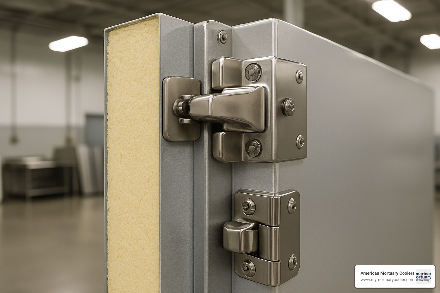 Detailed view of insulated panel construction and stainless steel hardware components - 10x15mortuarycooler.com durable top rated mortuary coolers