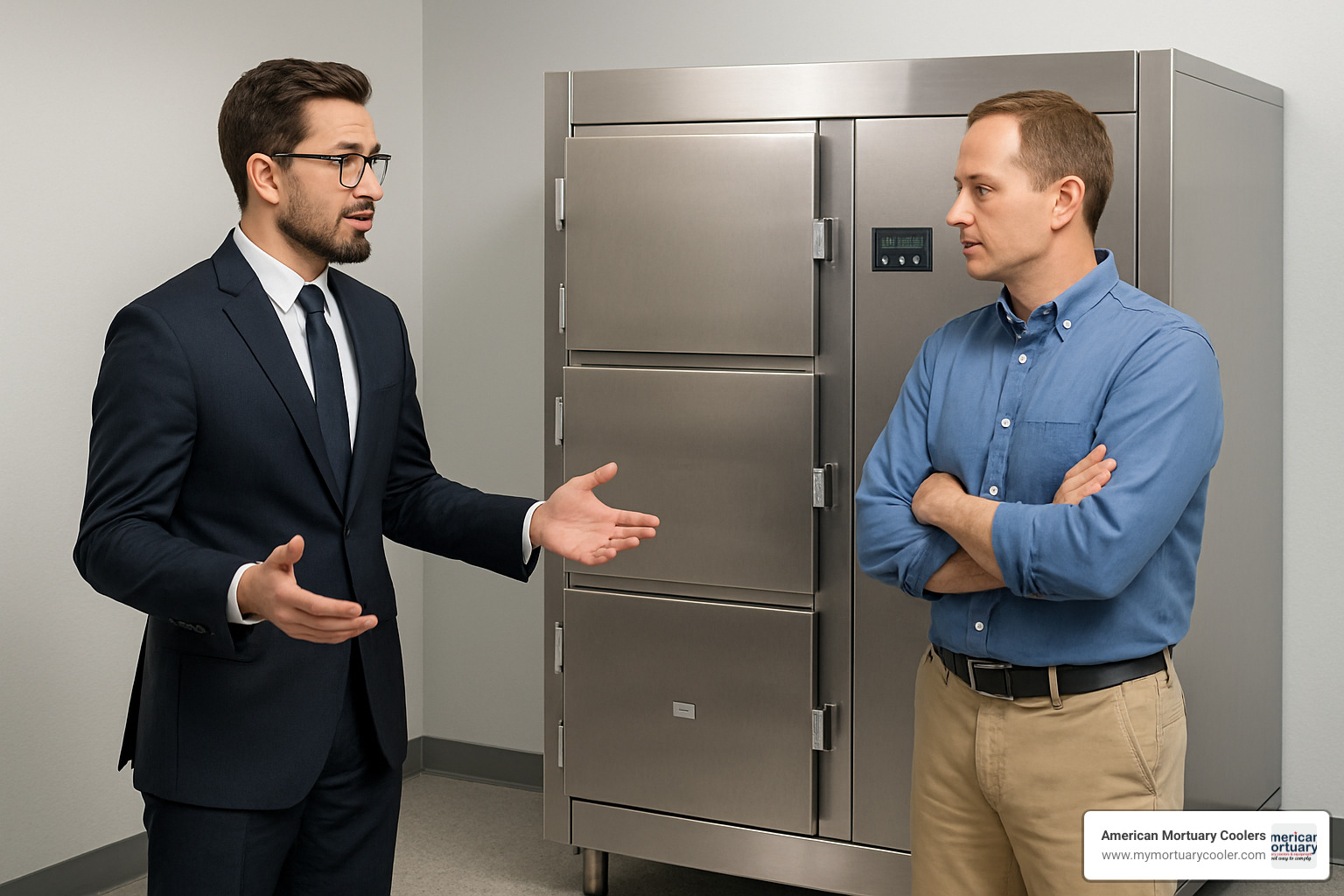 Professional funeral director explaining 4 body mortuary features to facility manager - 4 Body Mortuary 