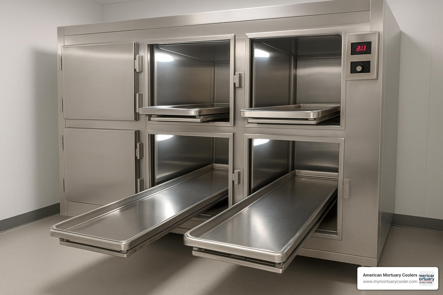 Modern 4 body mortuary chamber interior showing sliding trays - 4 Body Mortuary 