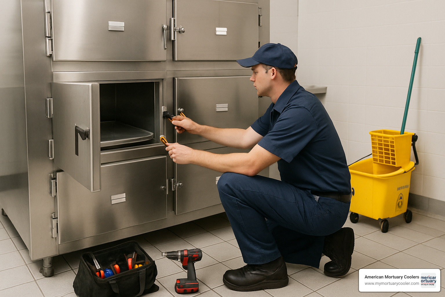 Maintenance technician performing routine service on 4 body mortuary cooler - 4 Body Mortuary 