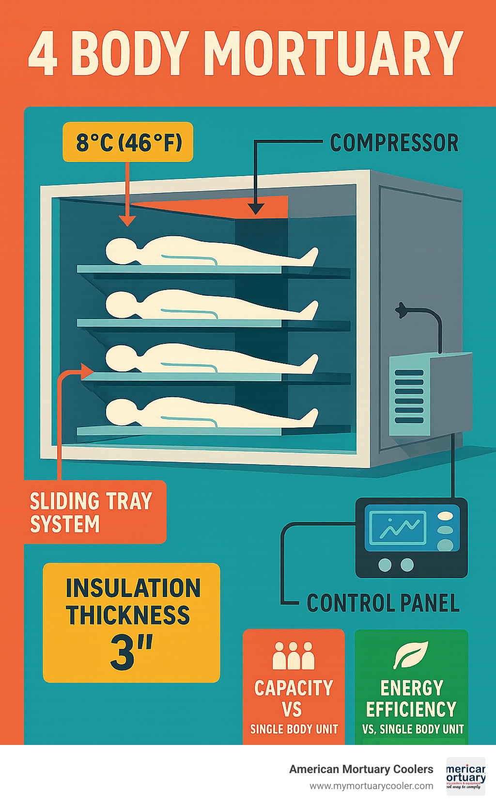 Infographic showing 4 body mortuary chamber cross-section with temperature zones, sliding tray system, compressor location, insulation thickness, and digital control panel with capacity and energy efficiency comparisons - 4 Body Mortuary  infographic 